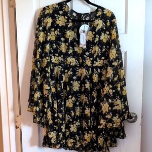 Boohoo Black Dress with Yellow Floral Design